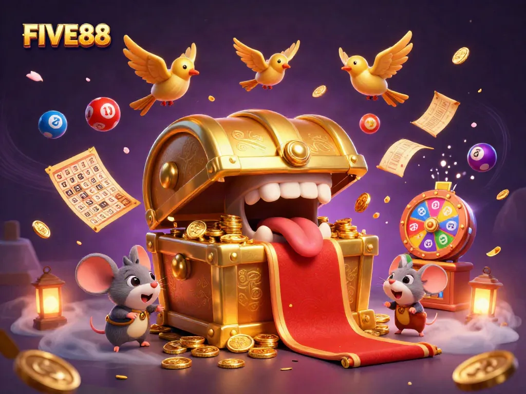 Engage in the thrilling world of FIVE88 with vibrant lottery elements and dynamic character interplay.