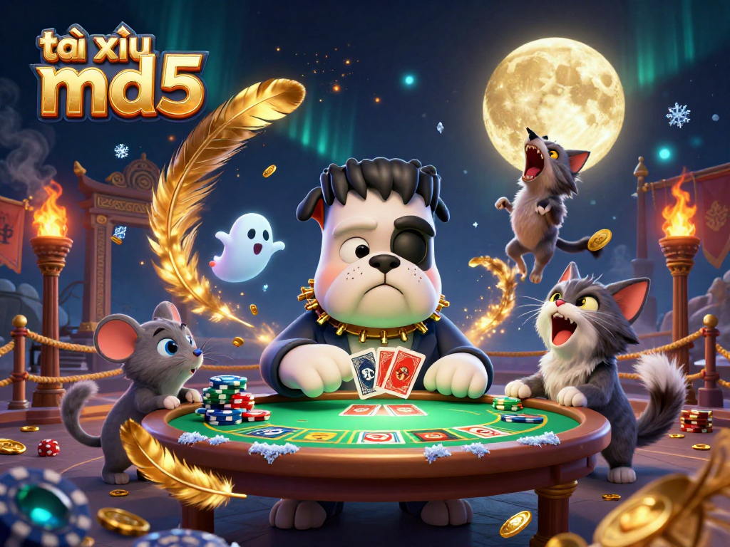 Play tài xỉu md5 with a thrilling illustration featuring unique characters and vibrant casino elements.