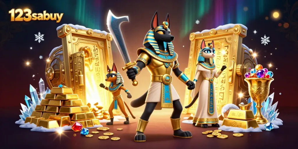 Engage with the adventures of 123sabuy in this vibrant 3D casino artwork infused with Egyptian themes.