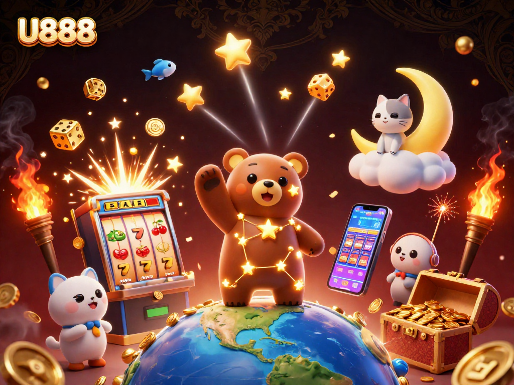 Experience thrilling U888 moments as a golden constellation bear scoops up coins from a jackpot scene.