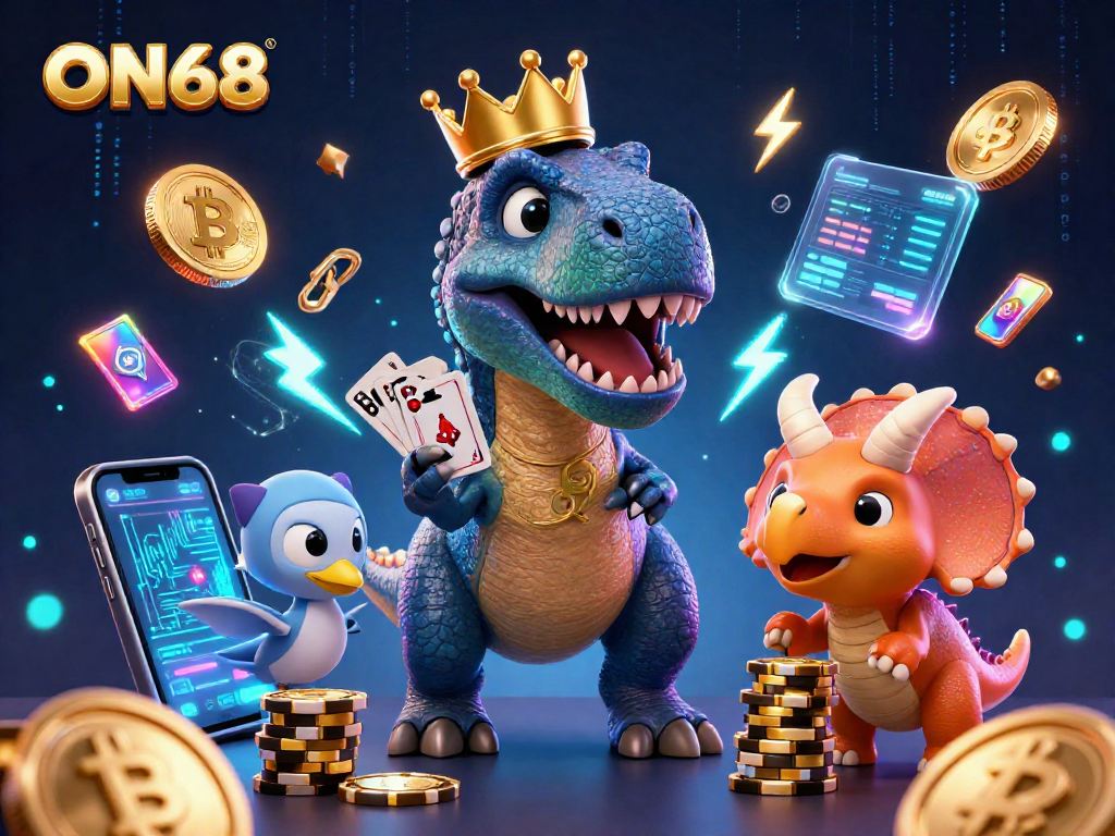 Join ON68 for thrilling card games as a T-Rex shuffles cards with a pterodactyl assisting, in a vibrant casino.