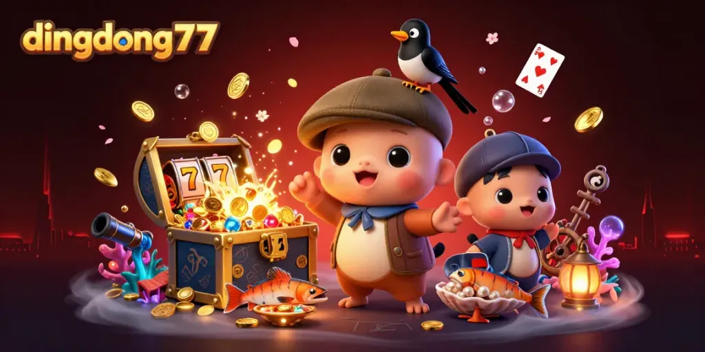 Spin and win at dingdong77 with a playful cartoon scene of Nessie and friends amid gold treasures.