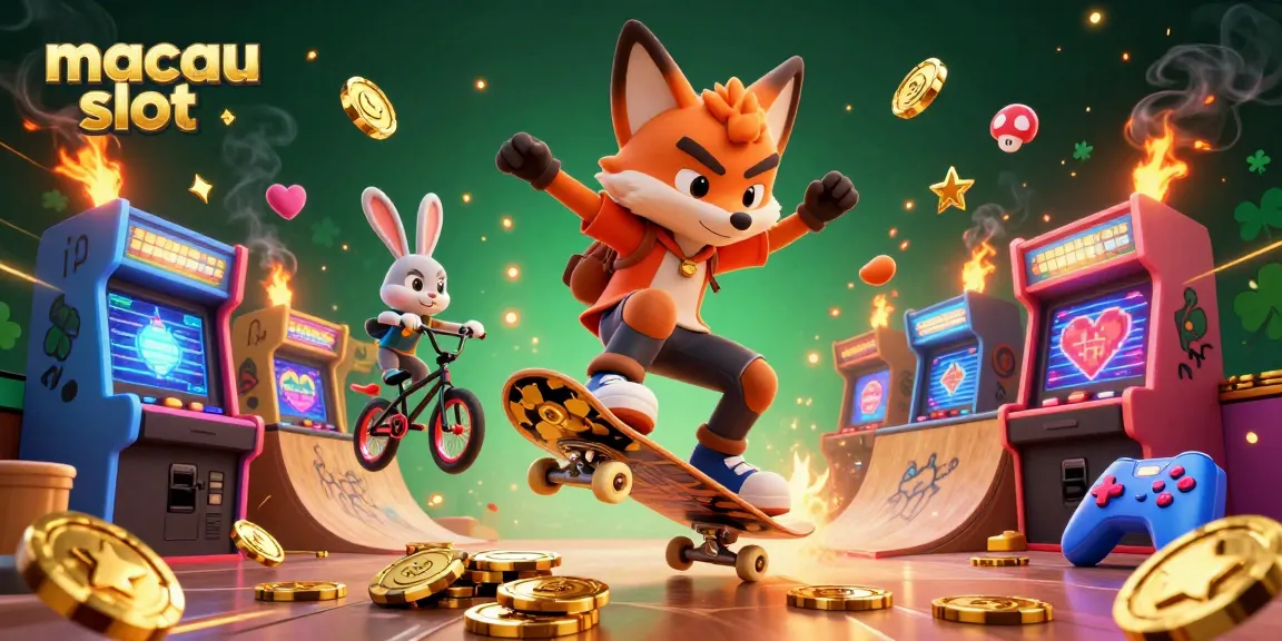Slot macau dengan karakter kartun skateboard, kelinci BMX, dan simbol kasino yang cerah.