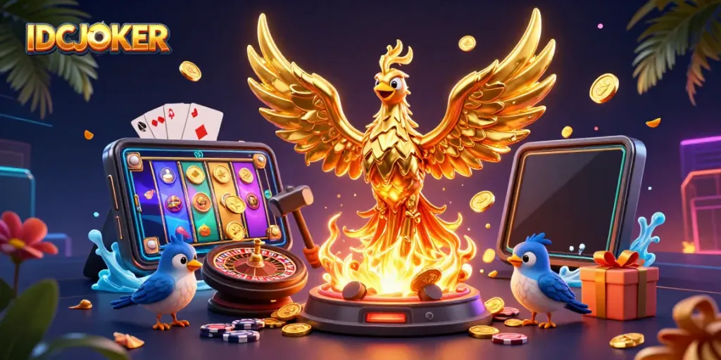 Experience thrilling wins at IDCJOKER with vibrant golden phoenix symbolizing online gambling rewards.