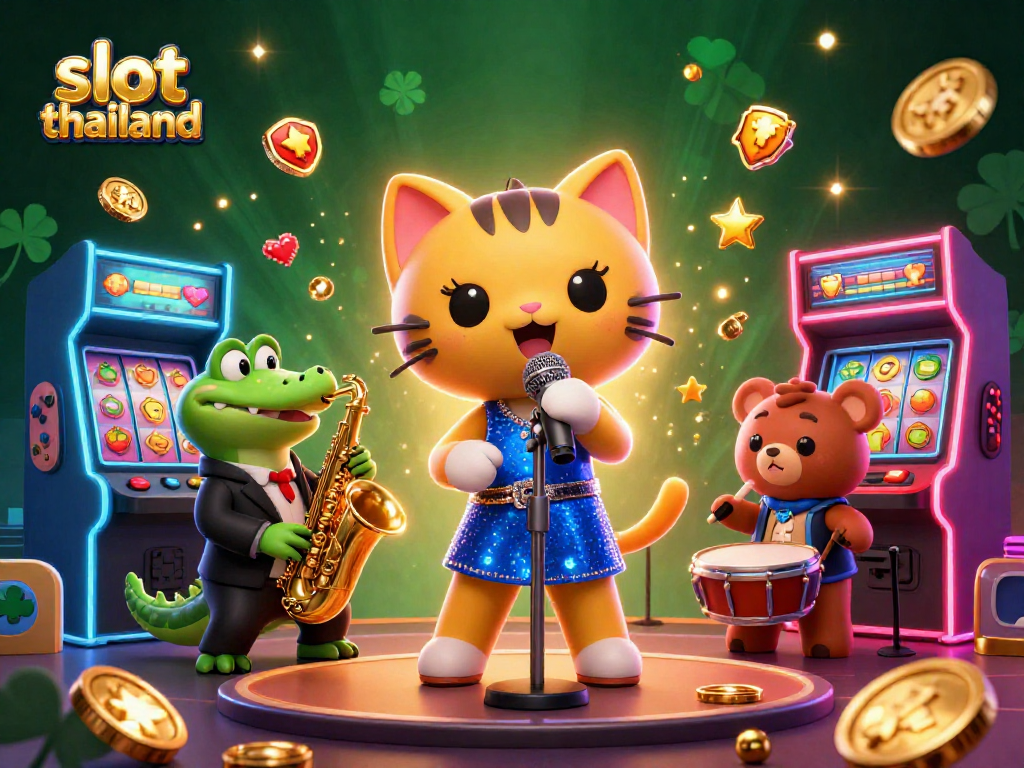 Enjoy vibrant slot thailand games with a lively jazz-singer cat and friends in a dazzling casino