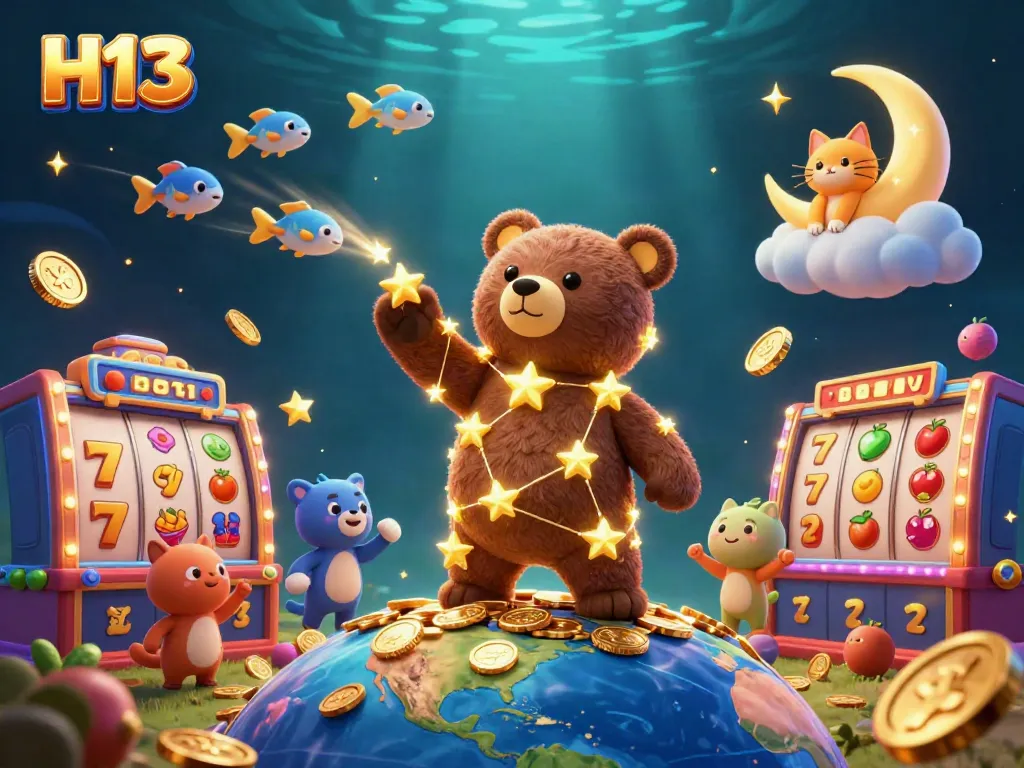 Experience thrilling H13 slot action with a cartoon constellation bear and sparkling casino elements.