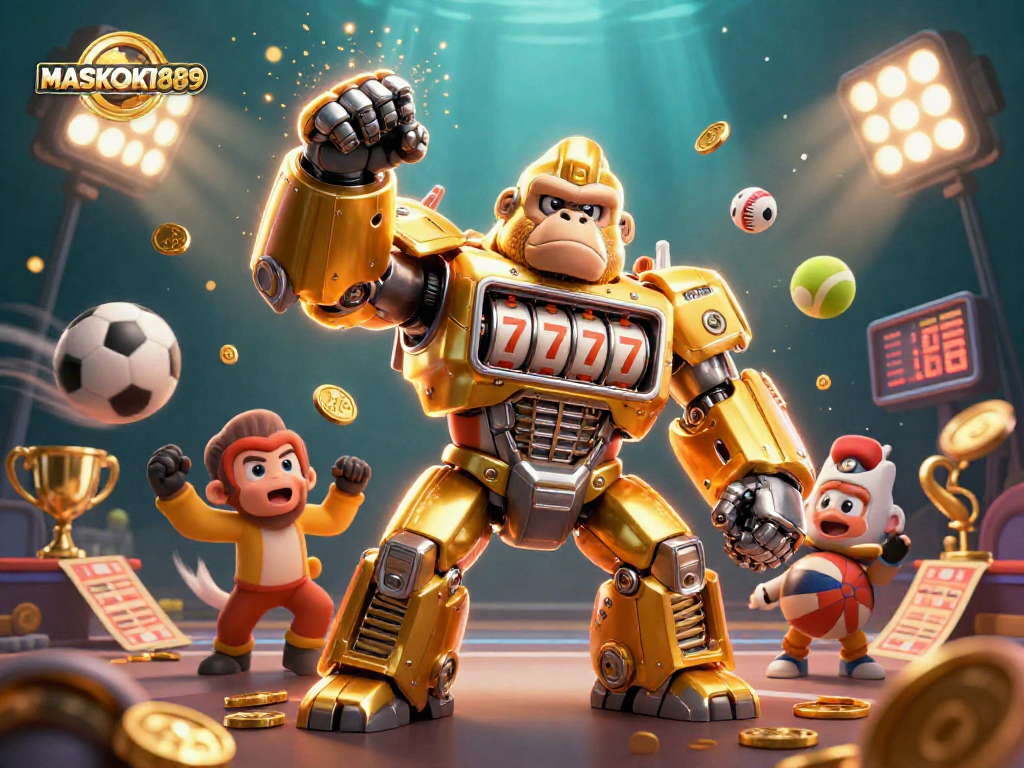 Join the fun at MASKOKI889 with an explosive experience featuring a golden gorilla mech and sports elements.