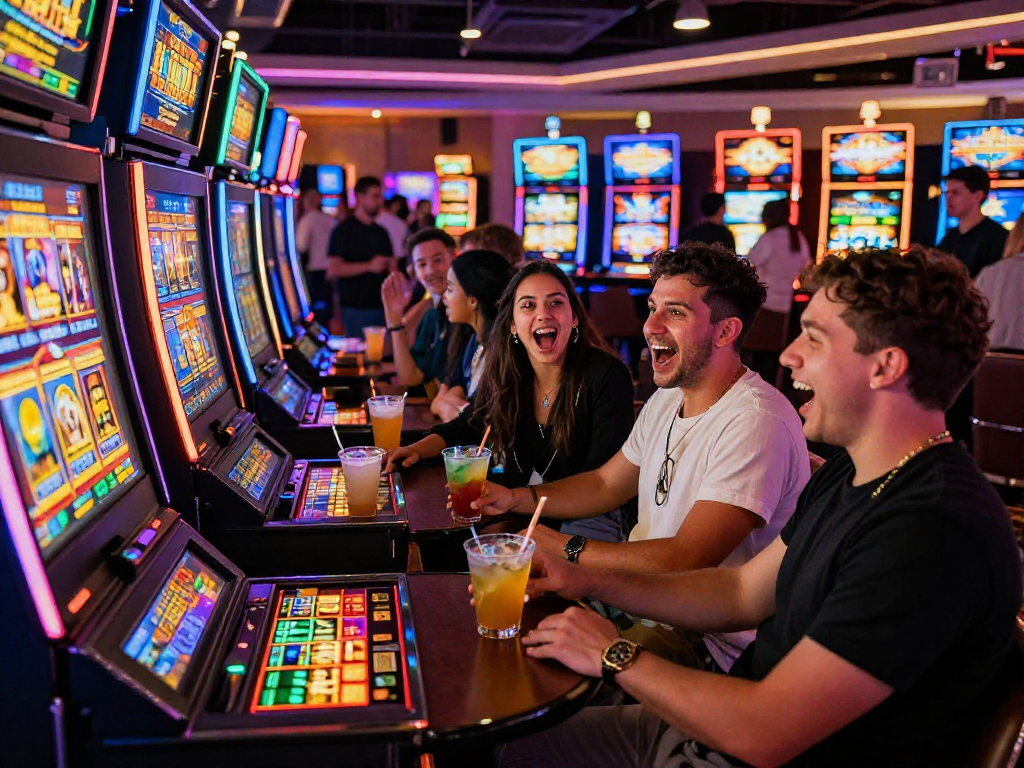 Pengalaman bermain slot7000 di kasino yang ramai dengan teman-teman yang ceria.