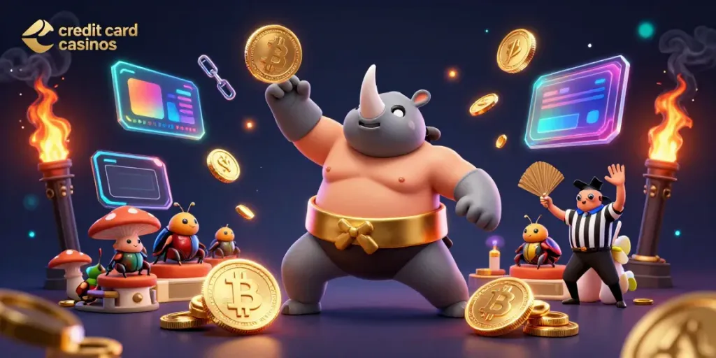 Witness the excitement of credit card casinos as a beetle sumo champion triumphantly sends coins flying.