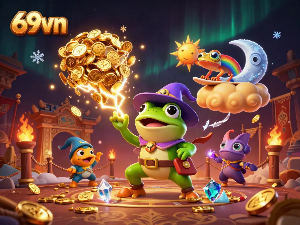 Experience the thrill of winning with 69vn's vibrant casino scene featuring magical characters and dynamic elements.