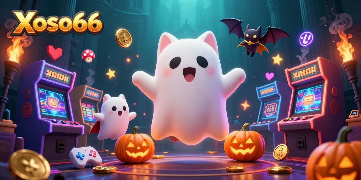 Xoso66 players enjoying lottery thrills with a ghost cat and vintage arcade games.