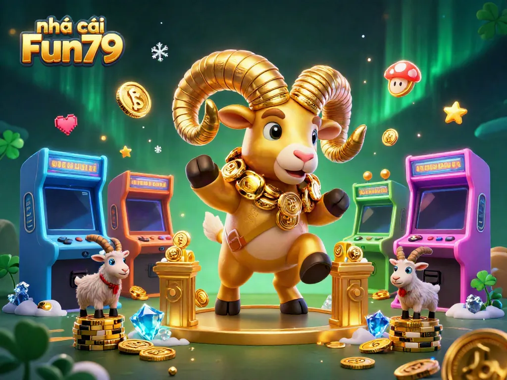 Experience the excitement at nhà cái Fun79 with vibrant casino-themed 3D illustration featuring golden ram and game elements.