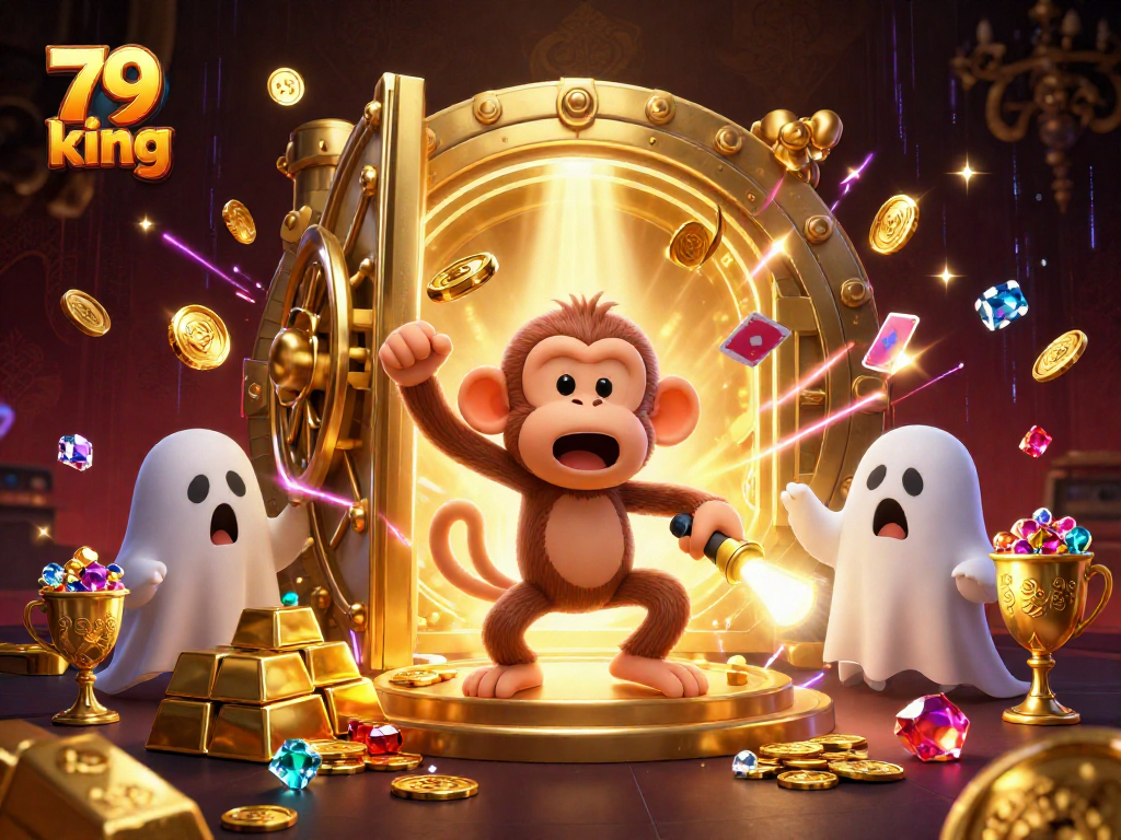 79 king showcases a mischievous poltergeist monkey juggling gold while a puppy follows in a haunted casino.