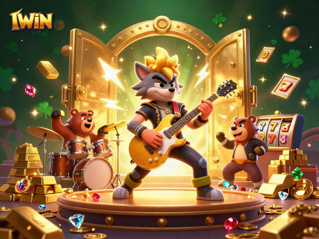 IWIN showcases a vibrant casino scene with cartoon characters celebrating huge wins, featuring slot reels and gold treasures.