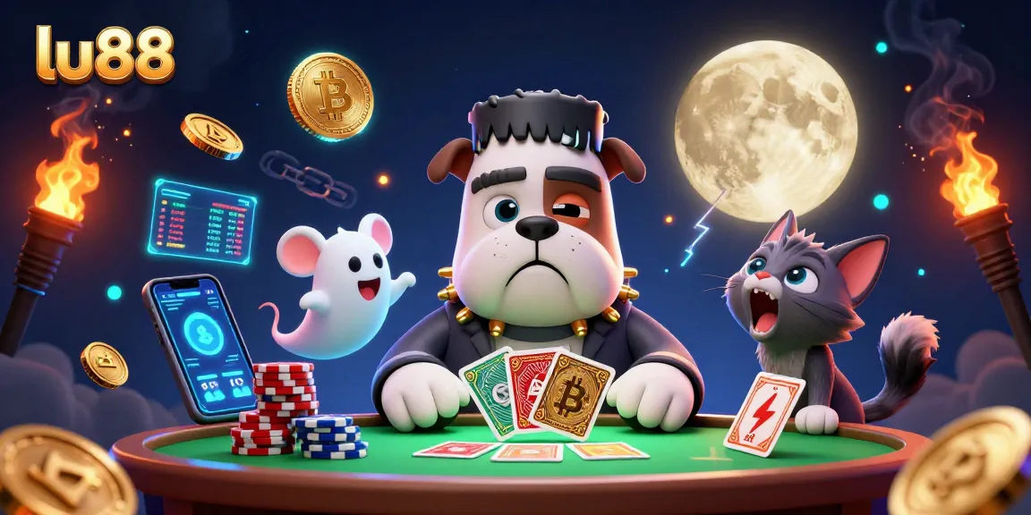 Engage with lu88 in a vibrant 3D casino scene featuring a bulldog dealer, ghost mouse, and werewolf kitten.