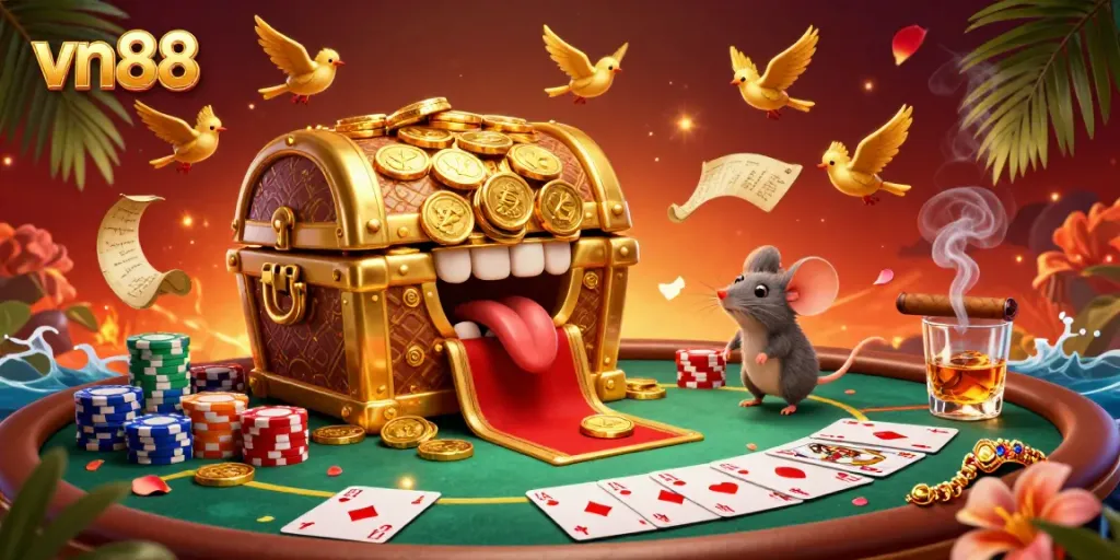 Engaging scene of adventurer mice drawn to riches at vn88, featuring poker, treasure, and magical elements.