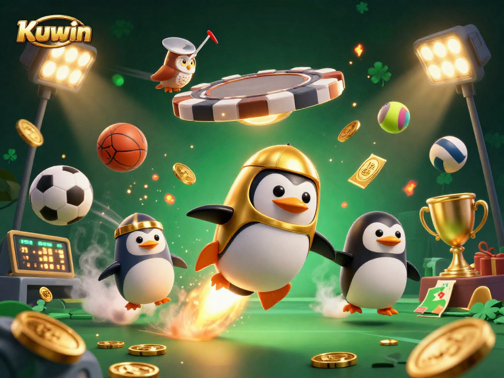 Betting and winning with Kuwin's vibrant golden penguin powering through casino space.