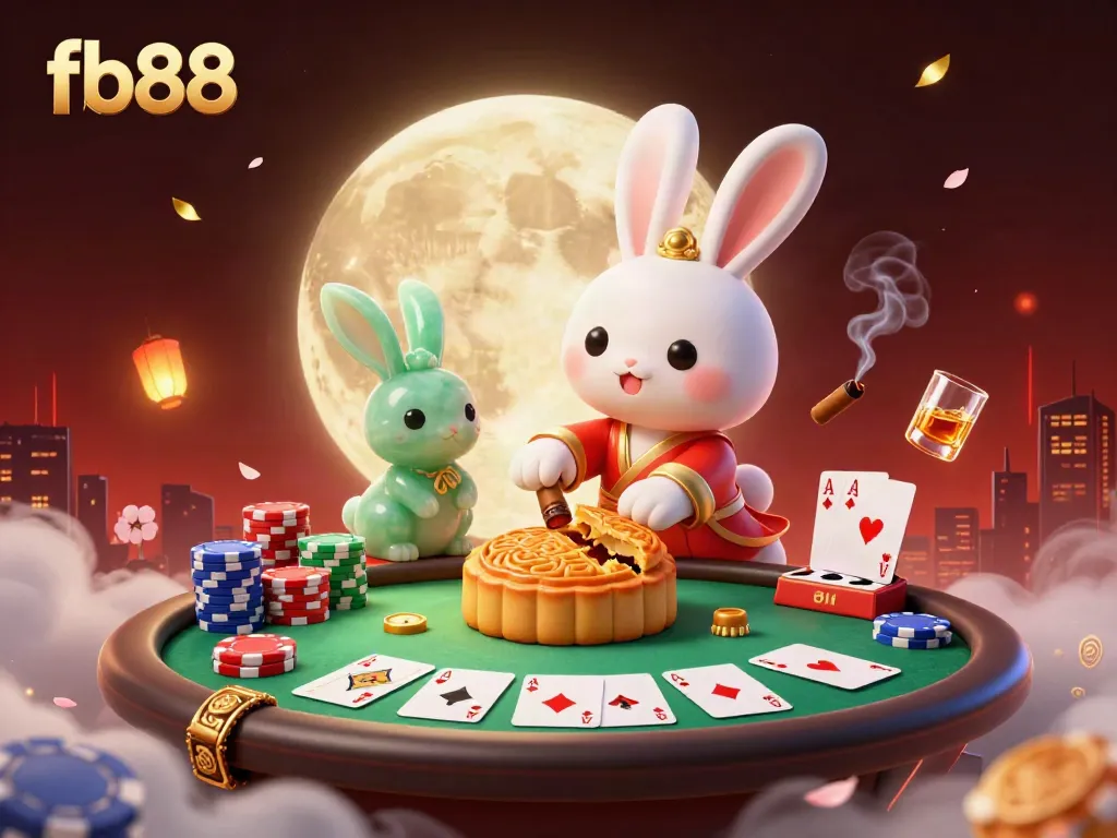 Engage in exciting gameplay at fb88's online casino with this vibrant 3D illustration featuring a moon rabbit and poker elements.