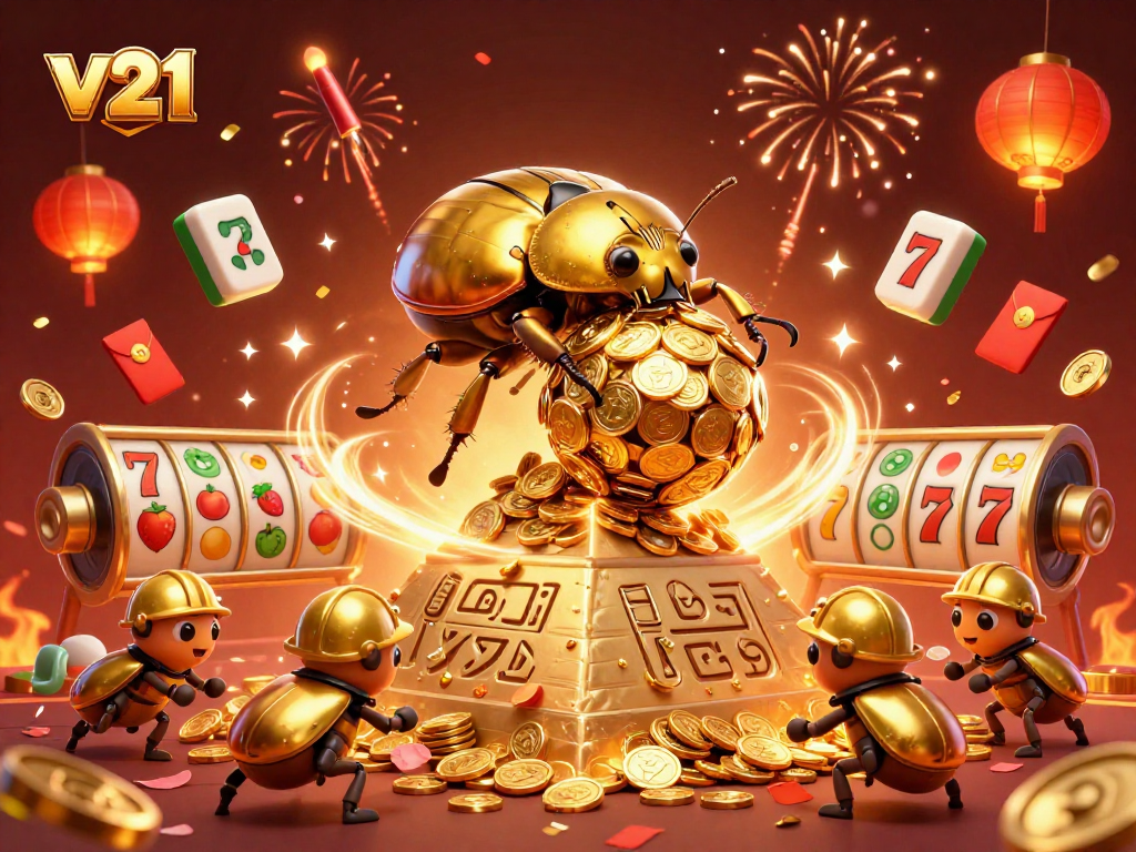 v21 memutar gulungan slot yang penuh dengan koin emas dalam ilustrasi 3D meriah.