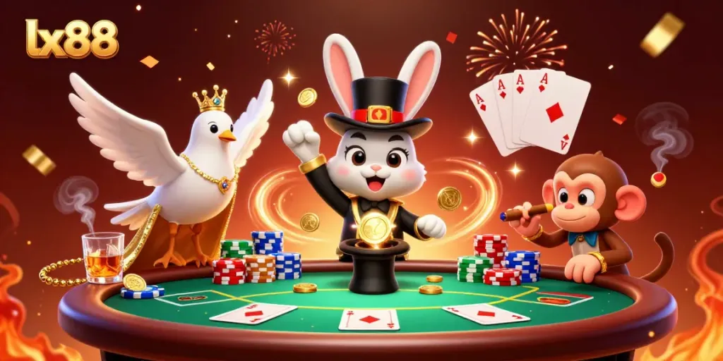 Experience excitement at lx88 with a magical casino scene featuring a rabbit pulling coins, poker chips, and festive confetti.