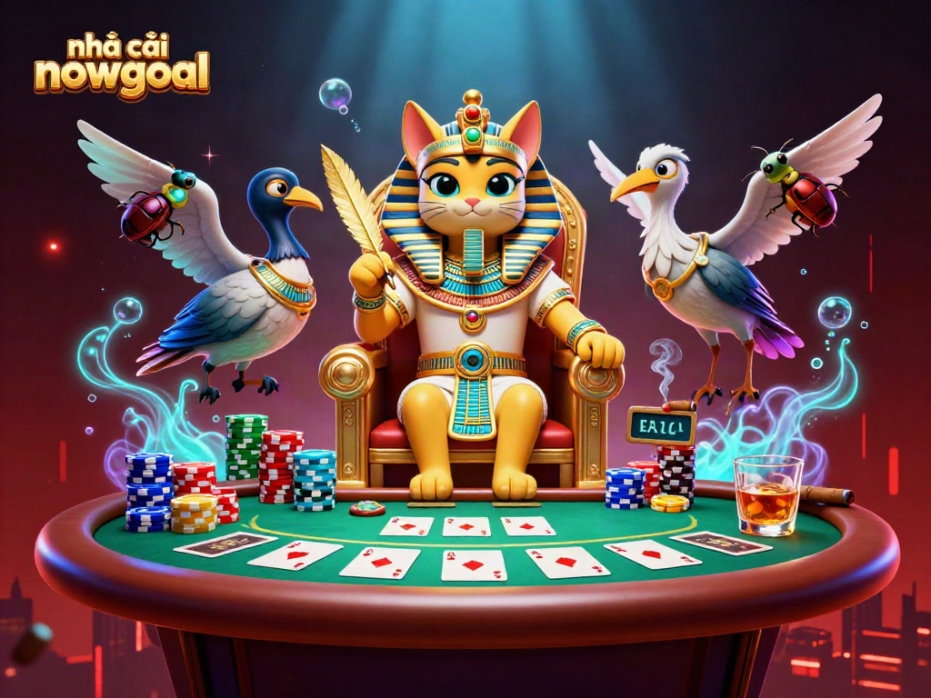 Experience the excitement at nhà cái nowgoal with a vibrant casino scene featuring a pharaoh cat and poker elements.