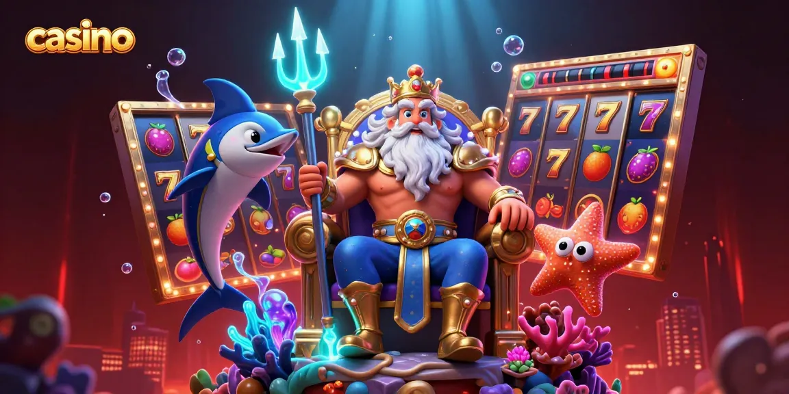 Experience the excitement of a vibrant casino scene with Neptune and slot reels.