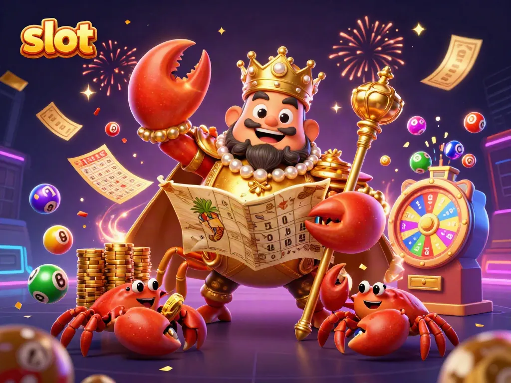 Menangkan slot dengan ilustrasi karnaval kasino tiga dimensi yang meriah di latar belakang gelap