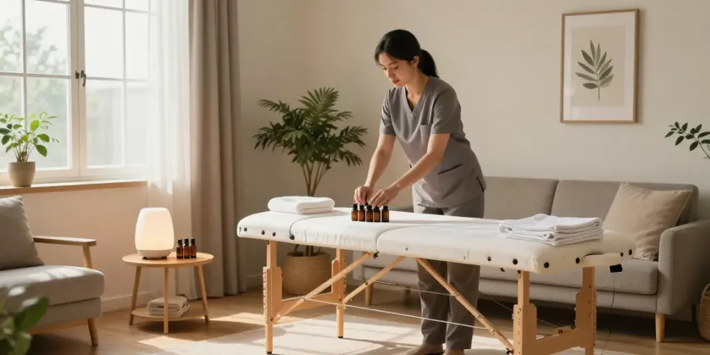 Professional massage therapist preparing for 노원출장안마 at a cozy in-home setting, showcasing a tranquil atmosphere.