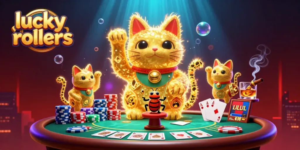Experience the thrill at lucky rollers casino with a giant lucky cat formed by fireflies amid poker chips.