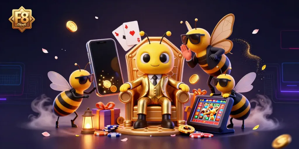 Exciting F8bet gaming scene with a cartoon bee mob boss and dynamic slot game elements.