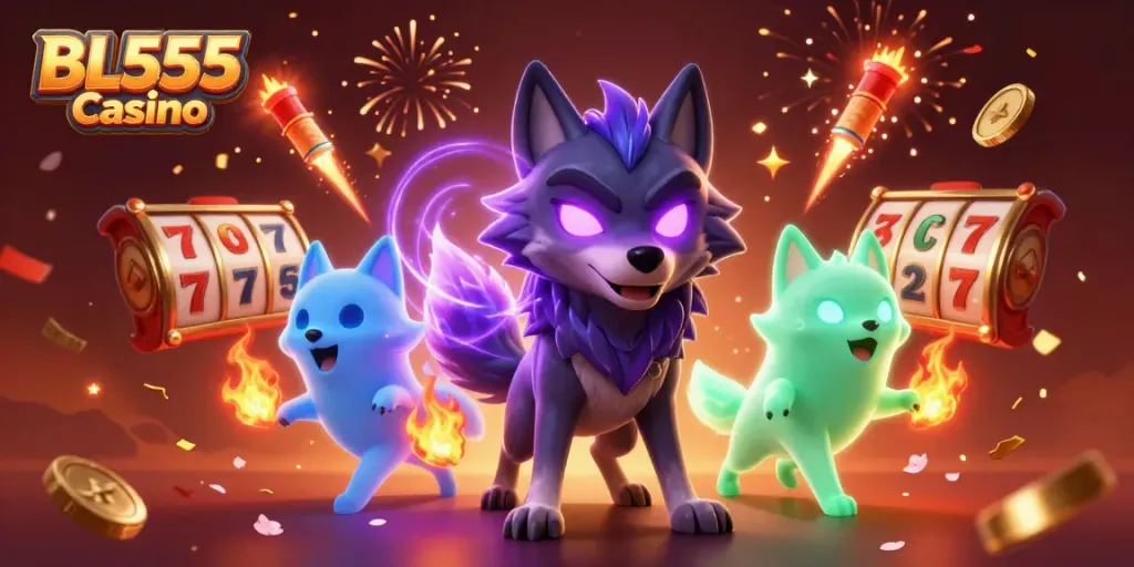 The lively BL555 Casino showcases a shadow wolf leader with companions amidst vibrant gaming elements.