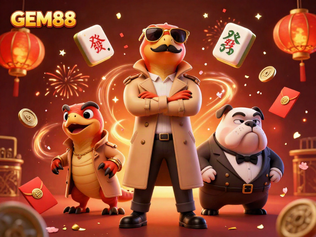 GEM88 raptors in trench coat enter VIP casino, playful scene with gold and festive elements