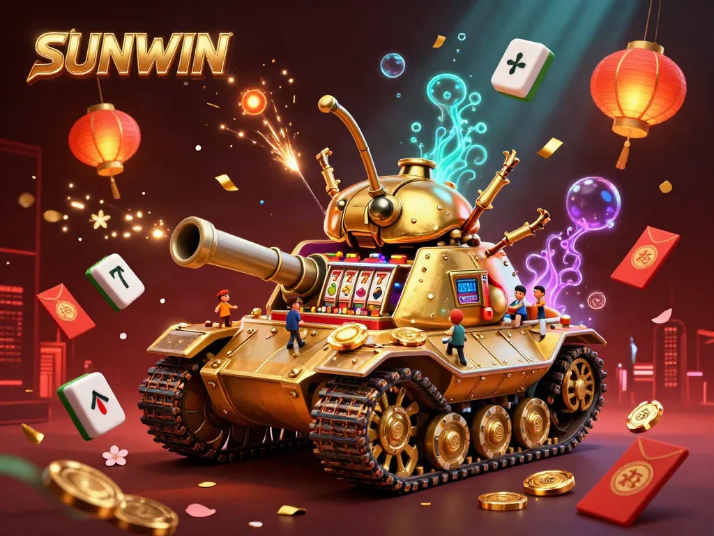Engage with SUNWIN's exciting casino experience within a vibrant 3D illustration featuring a golden tank revealing a miniature casino.