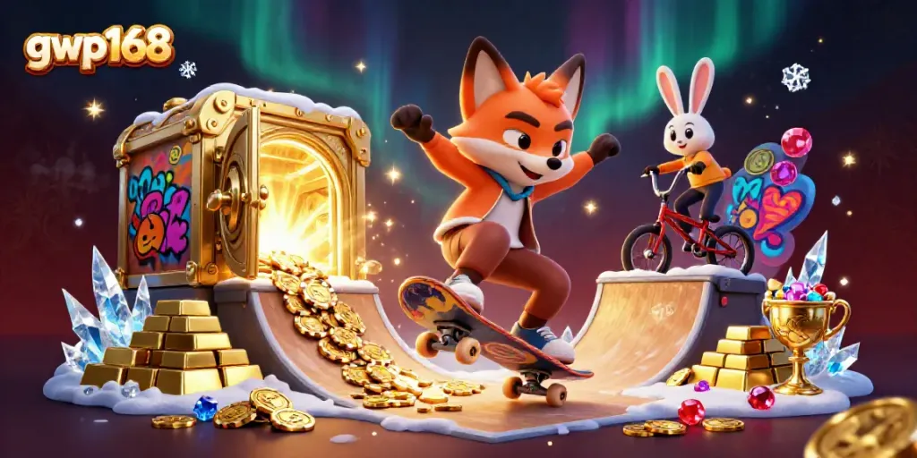 Merayakan kemenangan di gwp168 dengan karakter kartun ceria di kasino penuh warna.