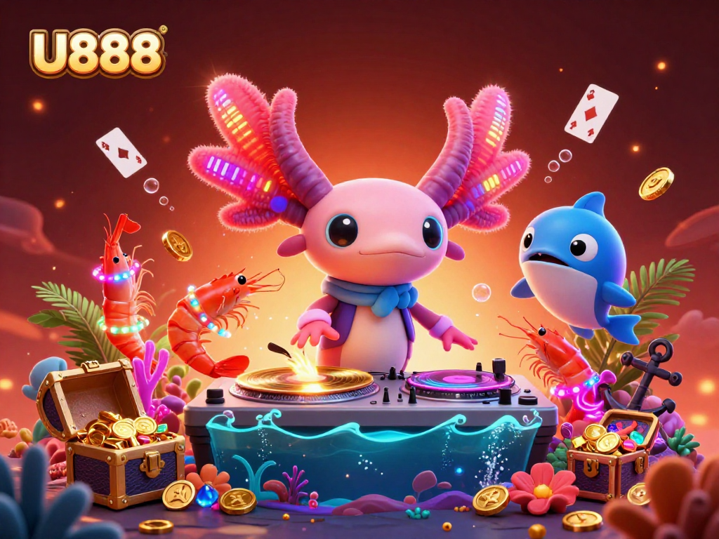 Spin the reels with U888, featuring lively axolotl DJ and glow shrimp in this vibrant underwater casino scene.
