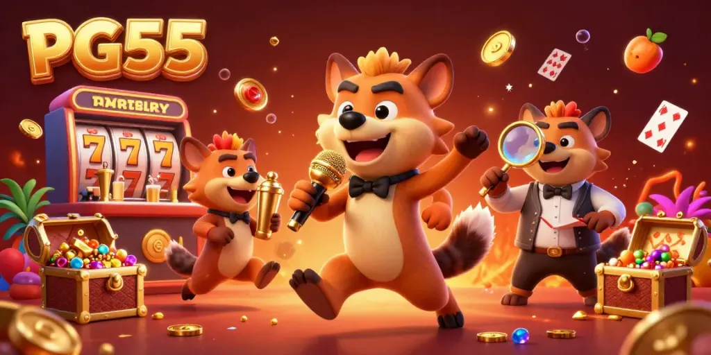 Engage with PG55 in a vibrant 3D casino scene featuring hyena characters amidst dynamic slot elements and comedy.