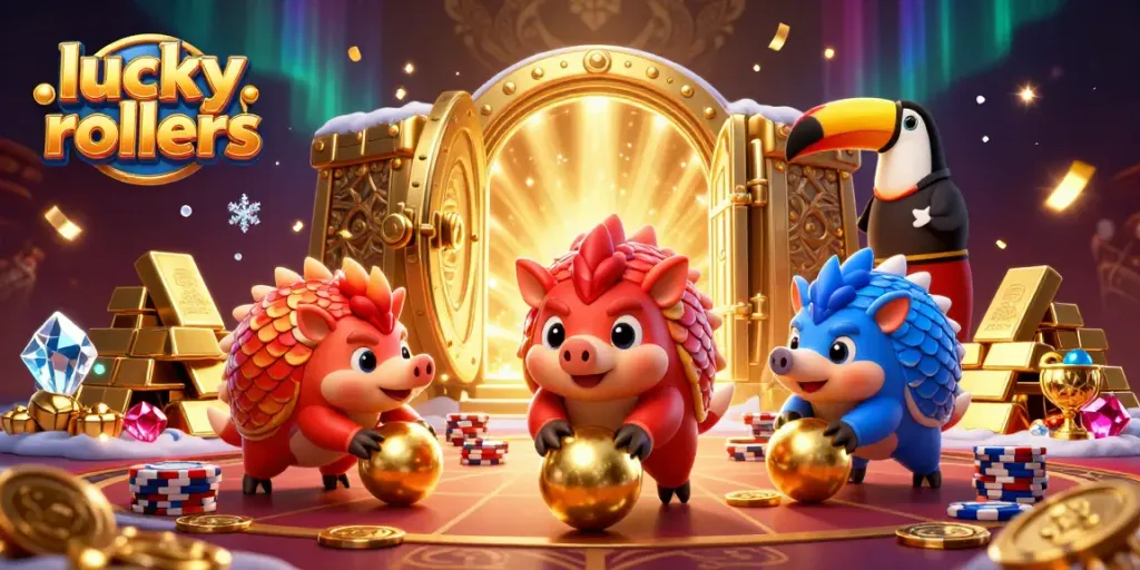 Exciting scene of lucky rollers featuring rival pangolins in action with poker chips and gold, capturing the thrill of gambling.