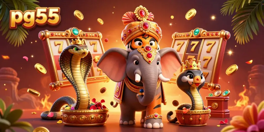 Experience thrilling wins at pg55 with a vibrant 3D illustration of a maharaja tiger and a jewel-encrusted elephant surrounded by slots.