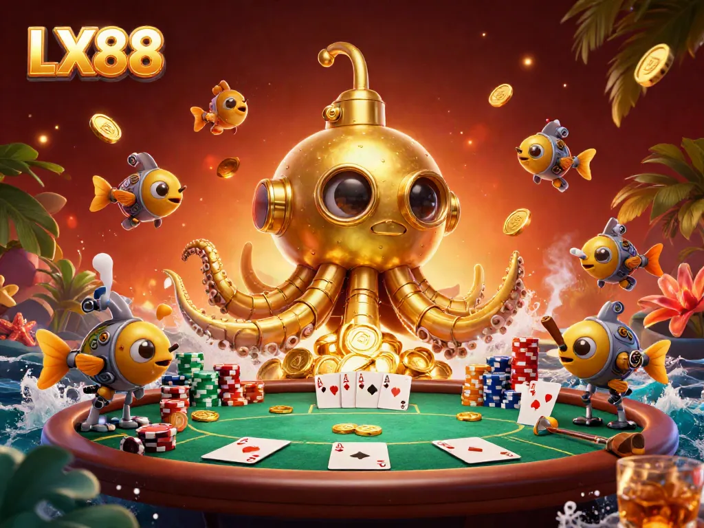 Experience the excitement of LX88 with a spectacular 3D illustration featuring a golden kraken submarine and poker elements.